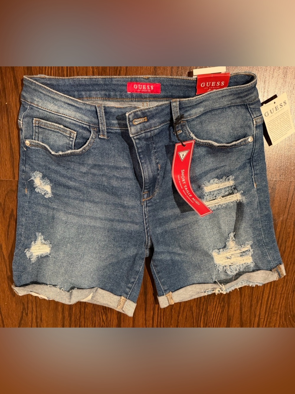 GUESS Women's Distressed Midi Denim Shorts